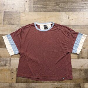 prAna Women’s Colorblock Relaxed Tee Size Medium Burgundy Blue Cream Sustainable